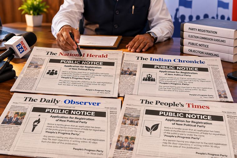 Public notice publication and objection handling for political party registration in India