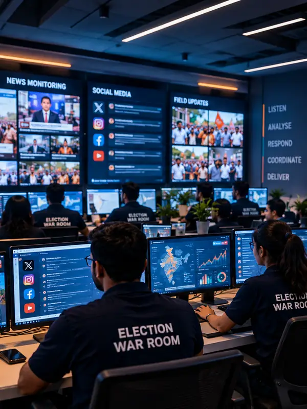 Election war room digital operations team monitoring campaign updates and analytics dashboards