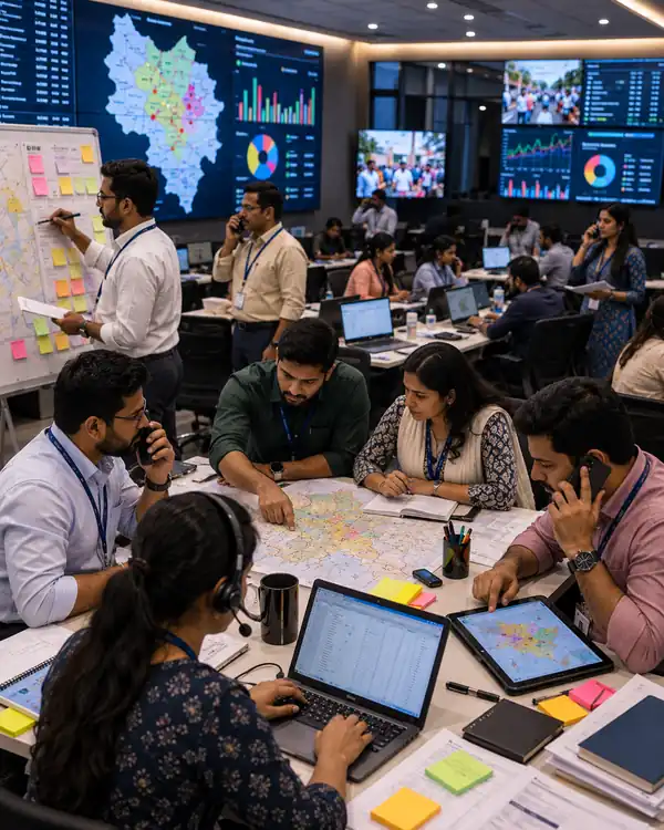 Election war room team monitoring ground-level campaign activity and constituency updates